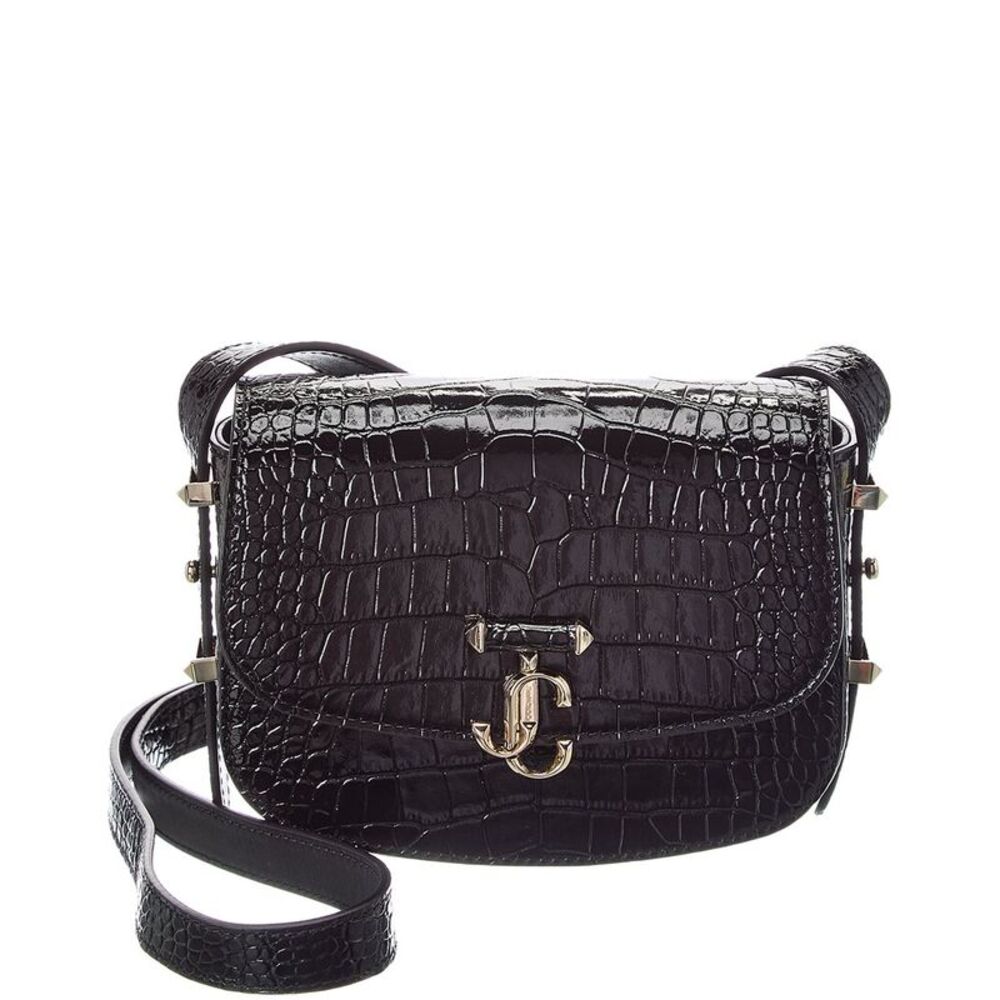 Jimmy Choo Croc-Embossed Leather Crossbody, Black
